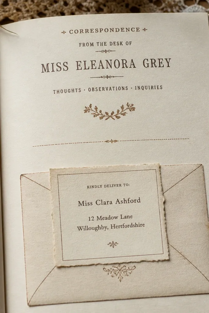 A letterhead style journal page with a cut paper address block and brown ink text