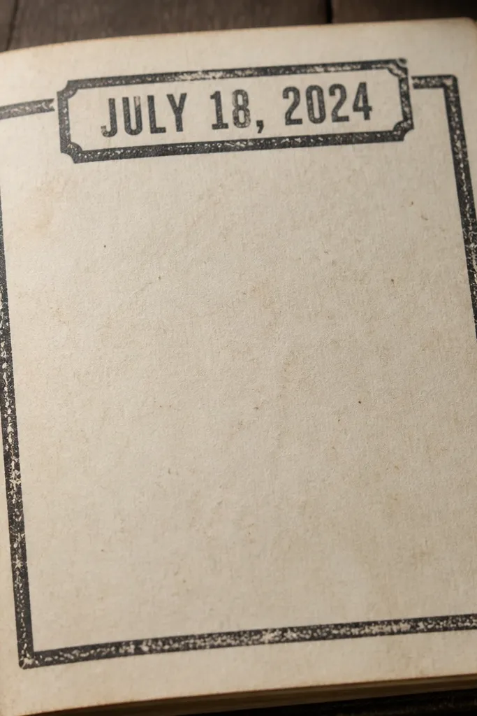 A monochrome stamped border with a bold date title at the top