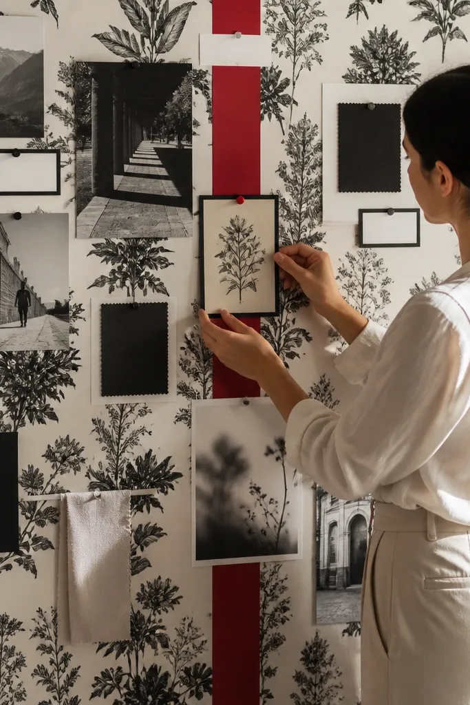 Black-and-white botanical pattern with a single red accent stripe