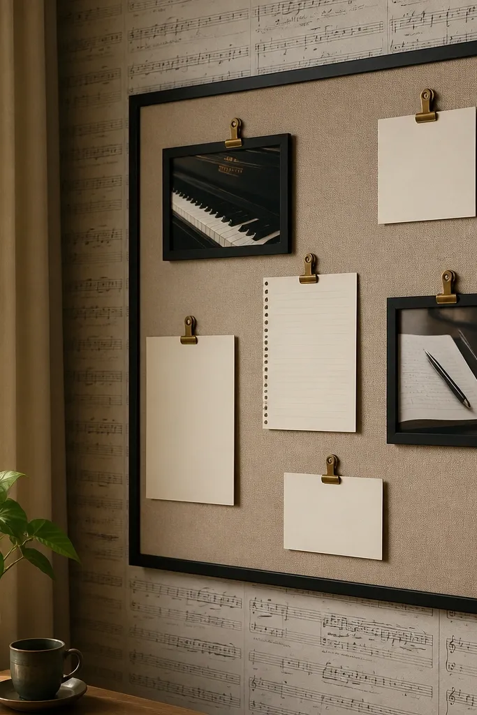 Warm gray background with faint sheet music lines