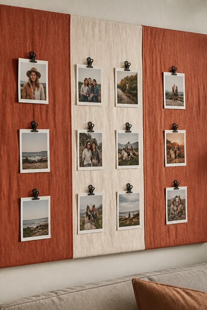 Rust and cream fabric pinboard with small clip frames for photos