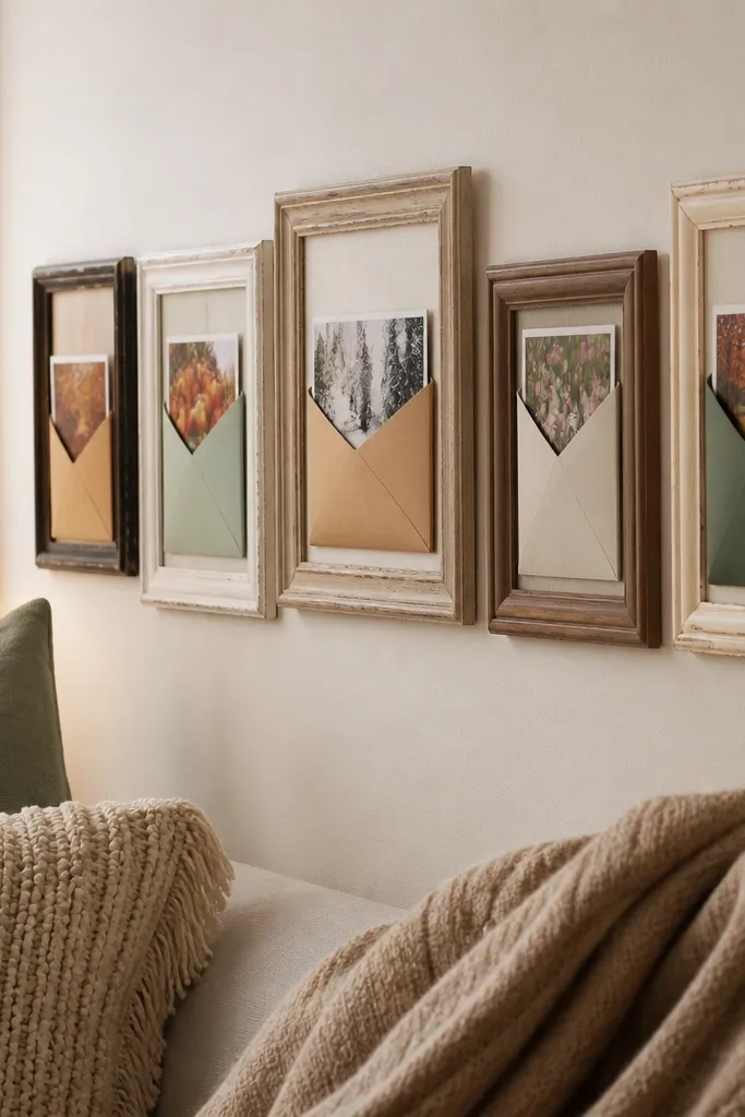 Small thrifted frames on a wall with envelope pockets for seasonal notes