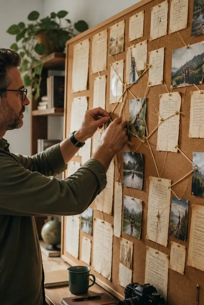 Board covered in old book pages with pin clusters and string lines
