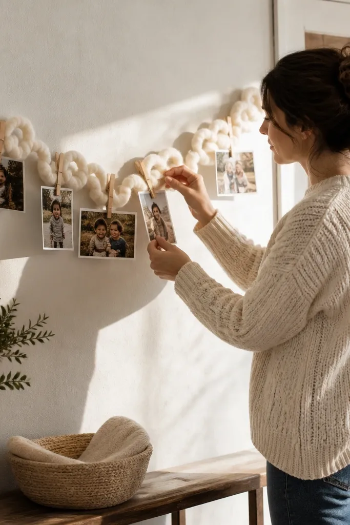 Wall corner with yarn lines and clothespins holding cozy photos