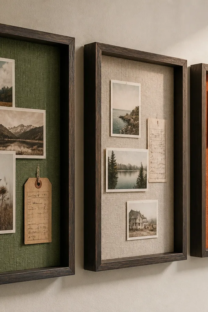 Small shadow boxes with fabric backing and cutouts