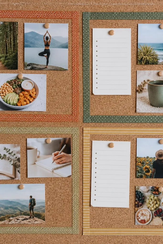 Cork board with colored tape borders separating seasonal sections
