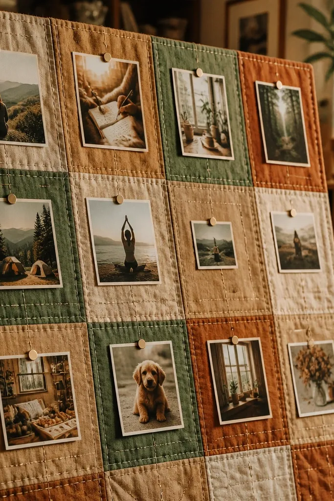 Patchwork fabric squares arranged like a quilt with pinned photos