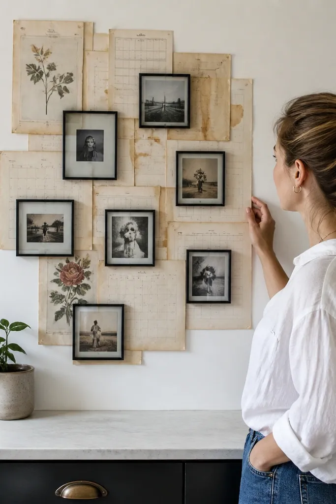 Collage board made from old calendar pages with small framed photos