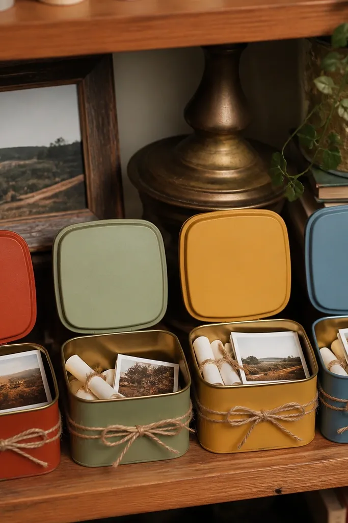 Tea tins arranged on a shelf with labels and tiny cards