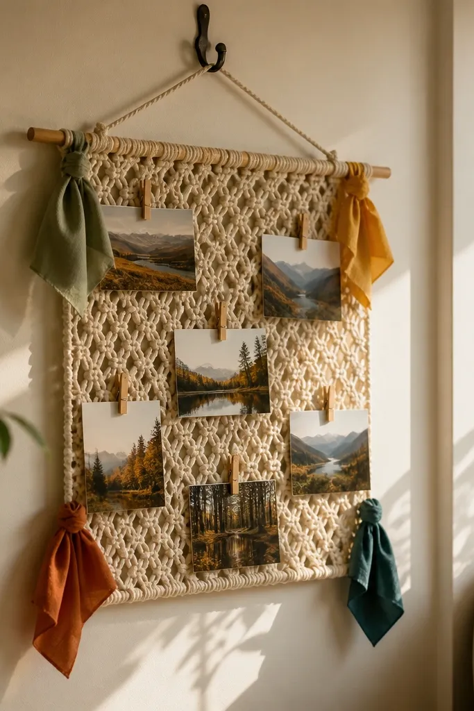 Macrame hanger with hanging cards and small fabric tags