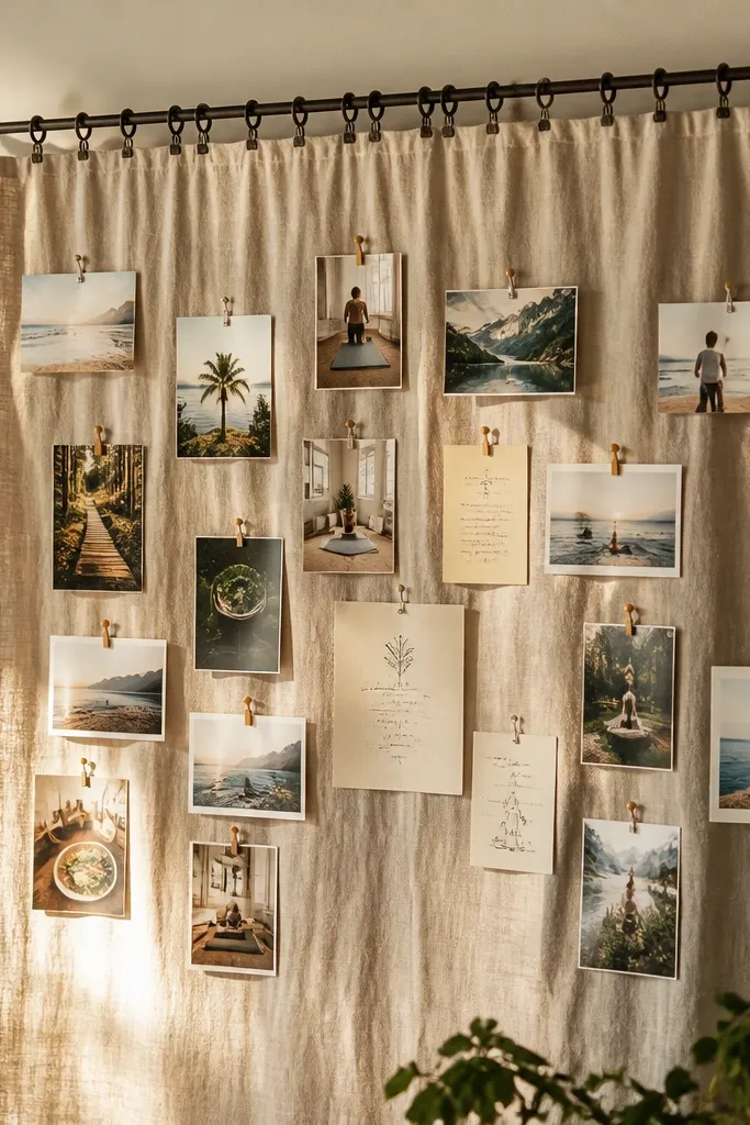 Linen curtain panel with pinned photos and small handwritten cards