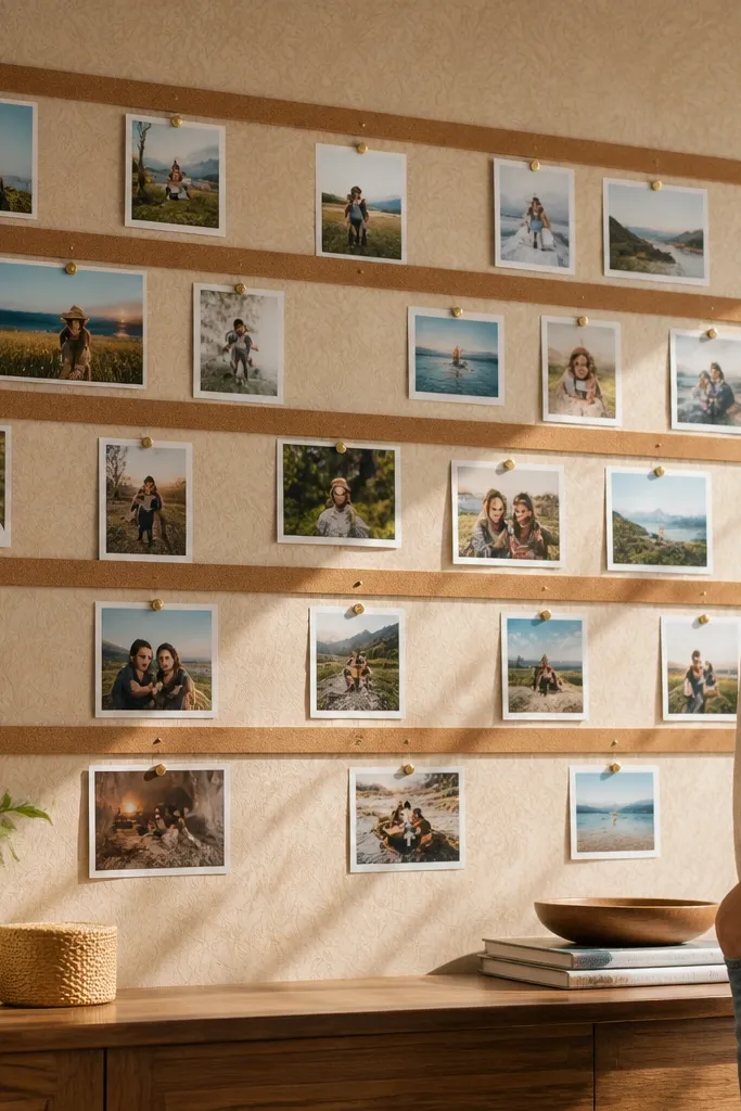 Wallpaper strip wall with cork strips and pinned photos in rows