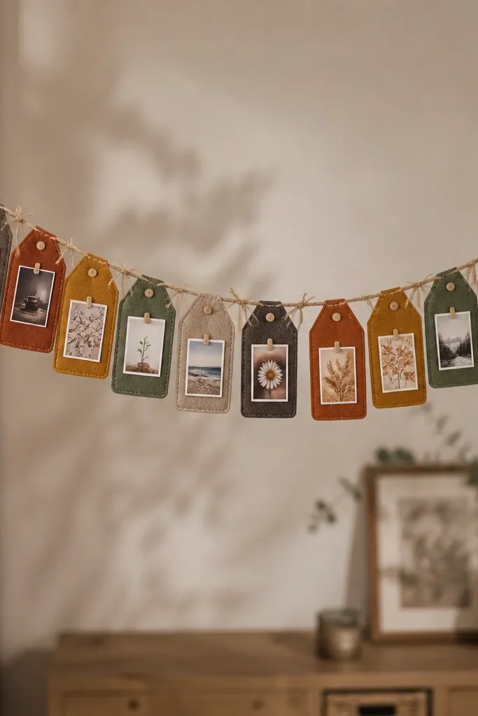Felt garland timeline on a wall with pinned cards by month