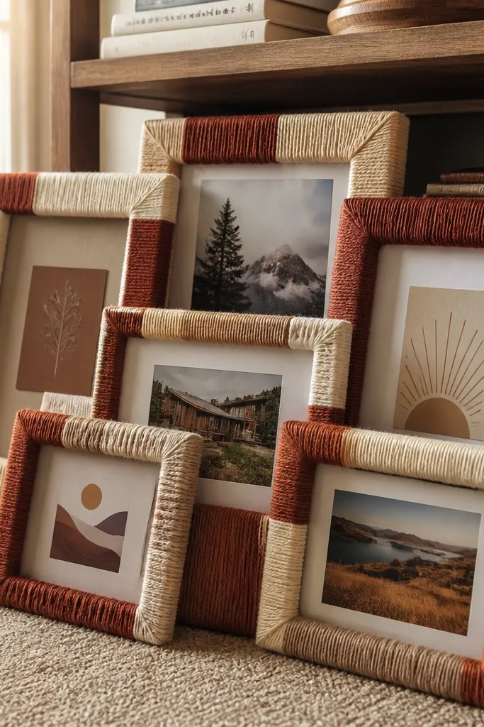 Yarn-wrapped picture frames arranged in a collage with goal cards