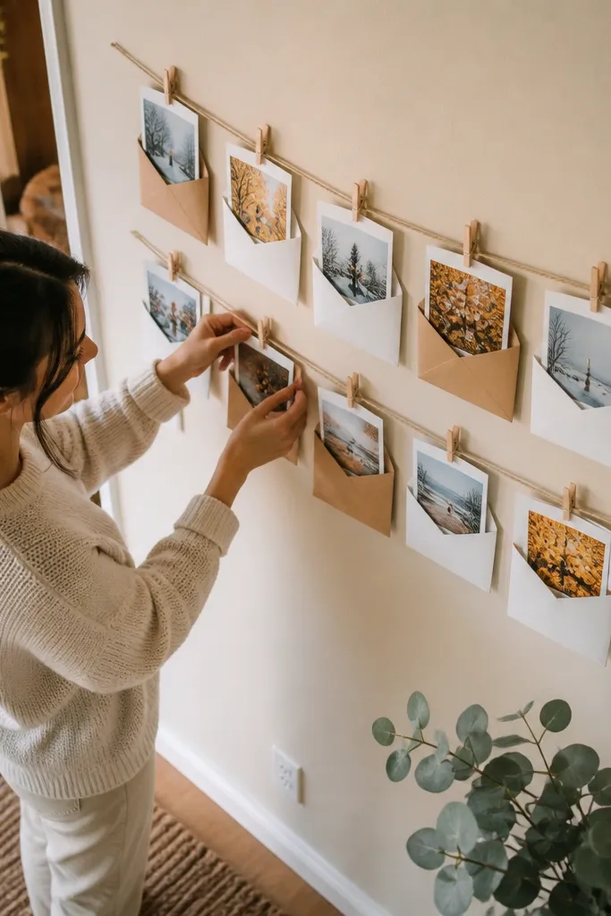 String line with small envelope pockets holding polaroid-style cards