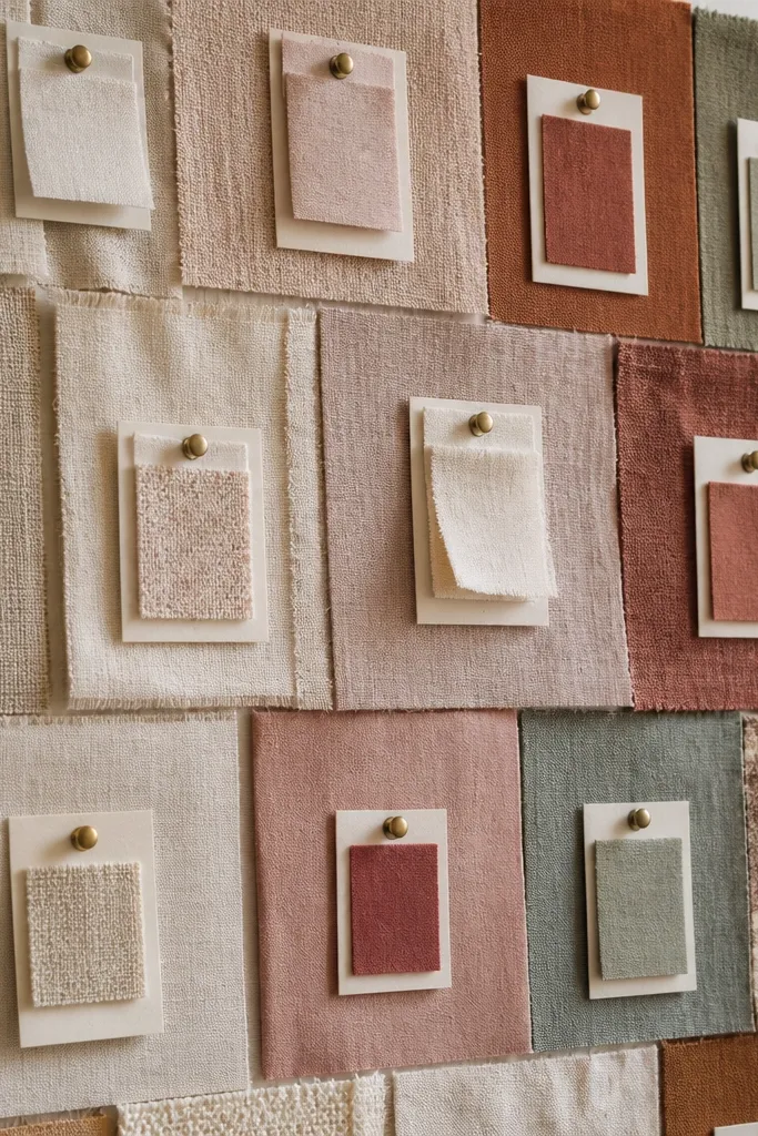 Foam board covered in fabric scraps with pinned mood cards