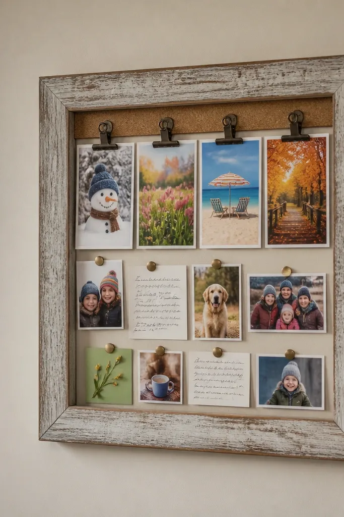Picture frame clipboard with pinned cards and notes