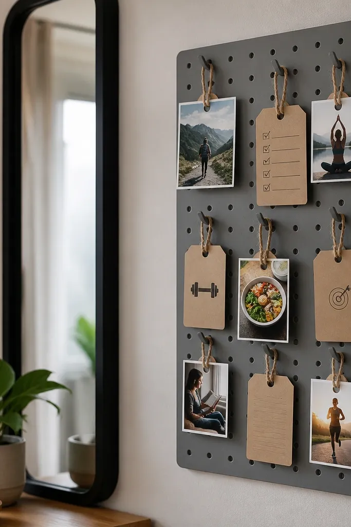 Small pegboard with pegs holding hanging gift tags and photos