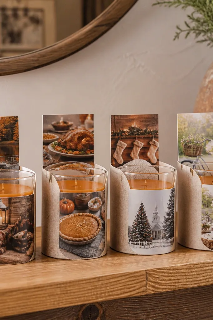 Shelf with candle jars labeled with family tradition cards