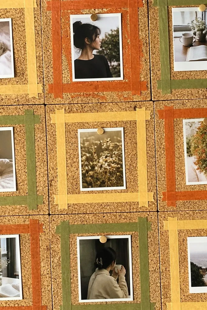 Cork tiles with washi tape frames and pinned photos in tidy sections