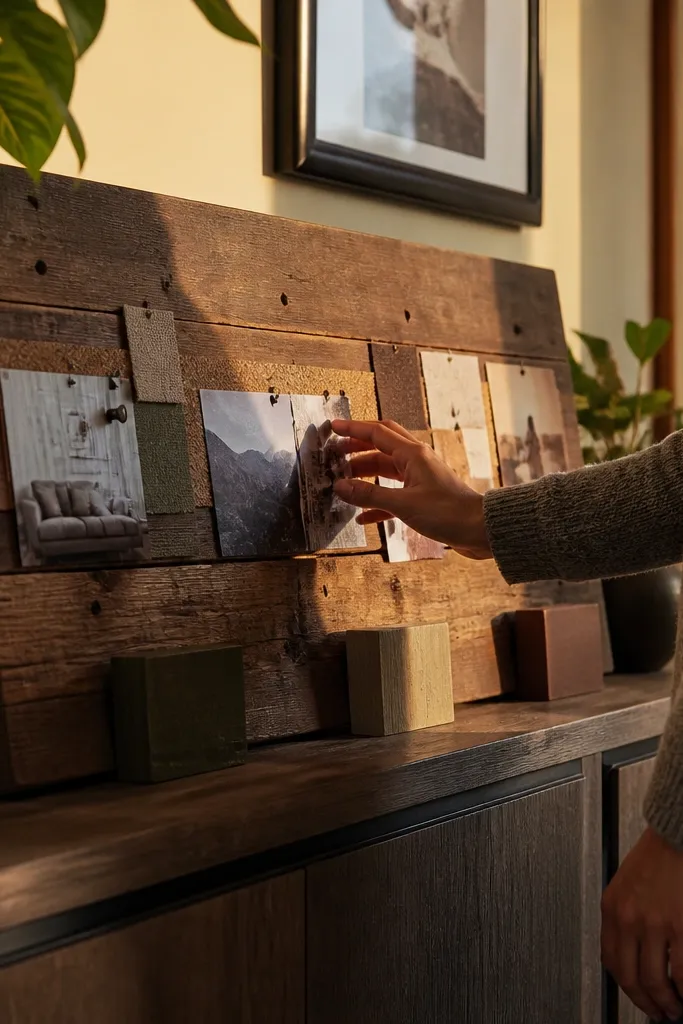 Reclaimed wood plank tabletop board with pinned cards and blocks