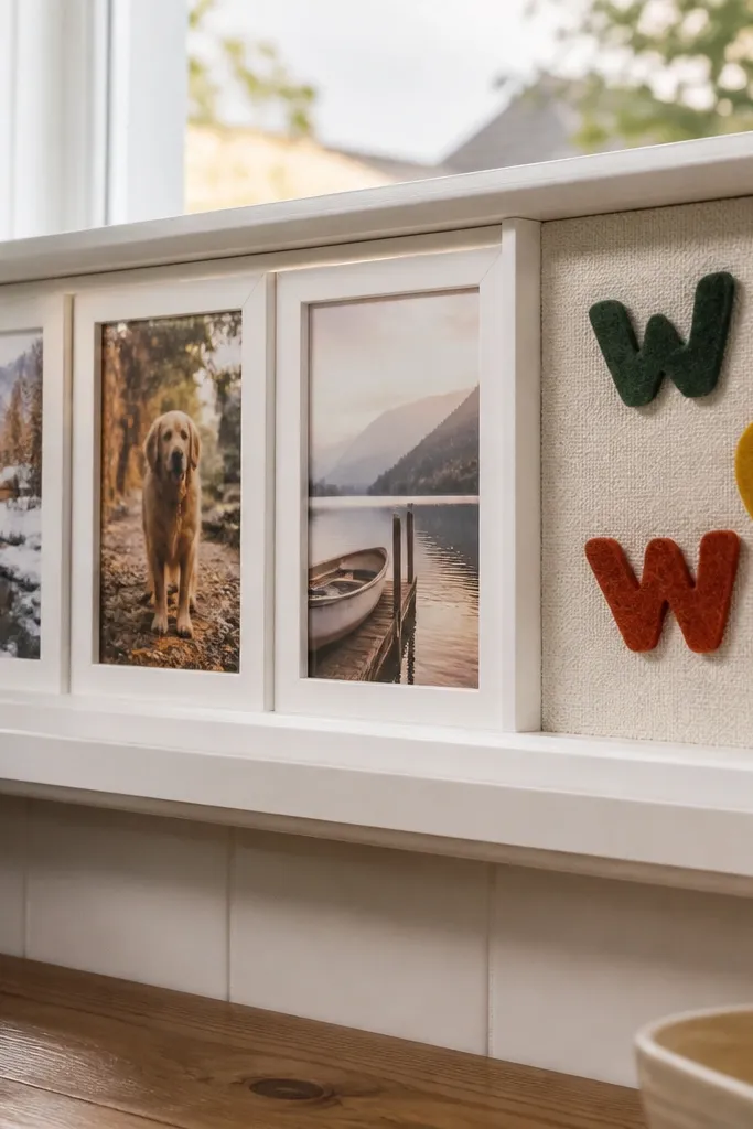 Three windows on a painted board with magnetic fabric letters on top.