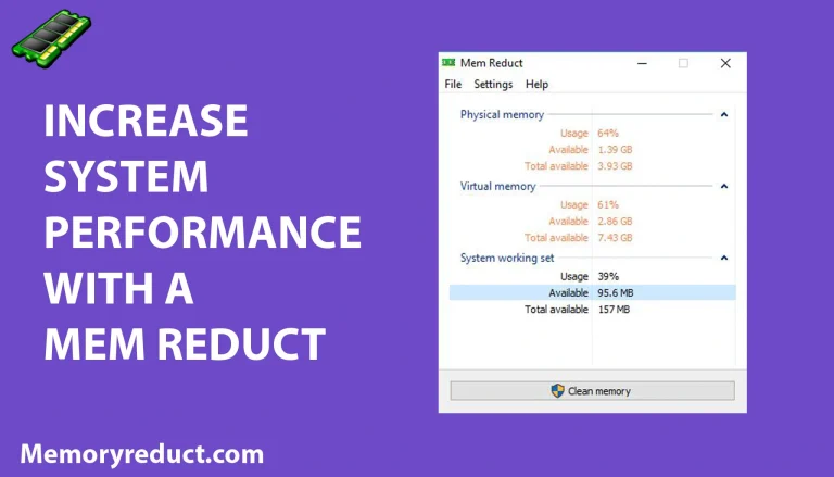 Advertisement for Mem Reduct software showing interface with memory stats