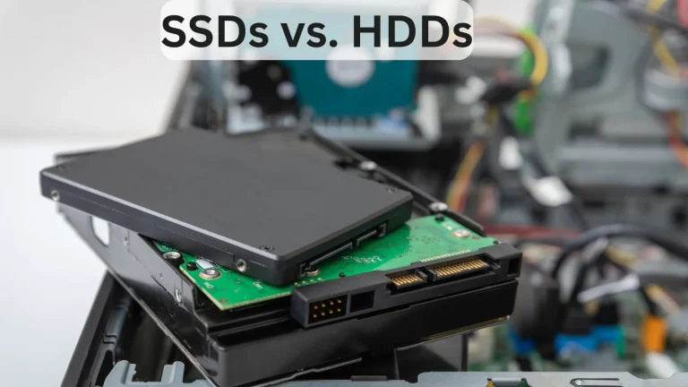 An SSD on top of an HDD with text How Mem Reduct Works with SSDs vs. HDDs