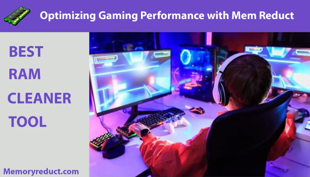 Gamer with headphones at a neon-lit desk with text Optimizing Gaming Performance with Mem Reduct