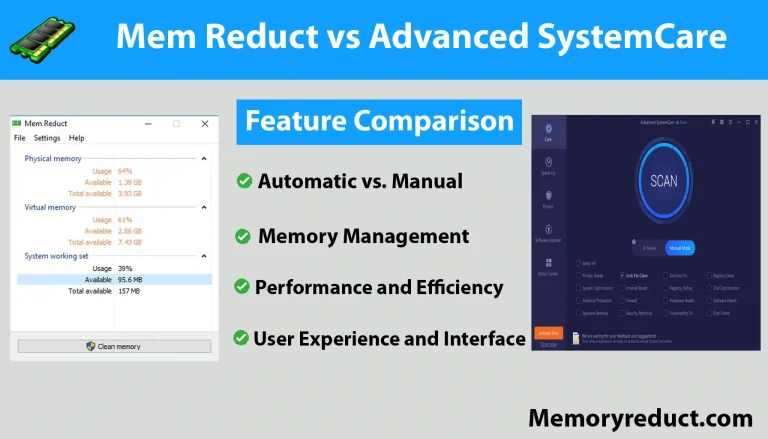 Mem Reduct vs Advanced SystemCare feature comparison on performance and memory management.