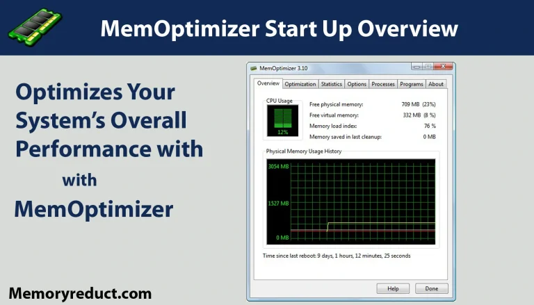 MemOptimizer Start Up Overview Optimizes system performance with detailed memory stats