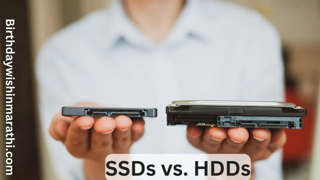 Person holding an SSD and an HDD with text SSDs vs. HDDs overlay