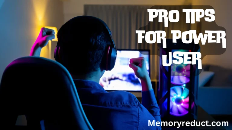 Gamer with headphones at a PC with neon-lit tower case, text overlay PRO TIPS FOR POWER USER
